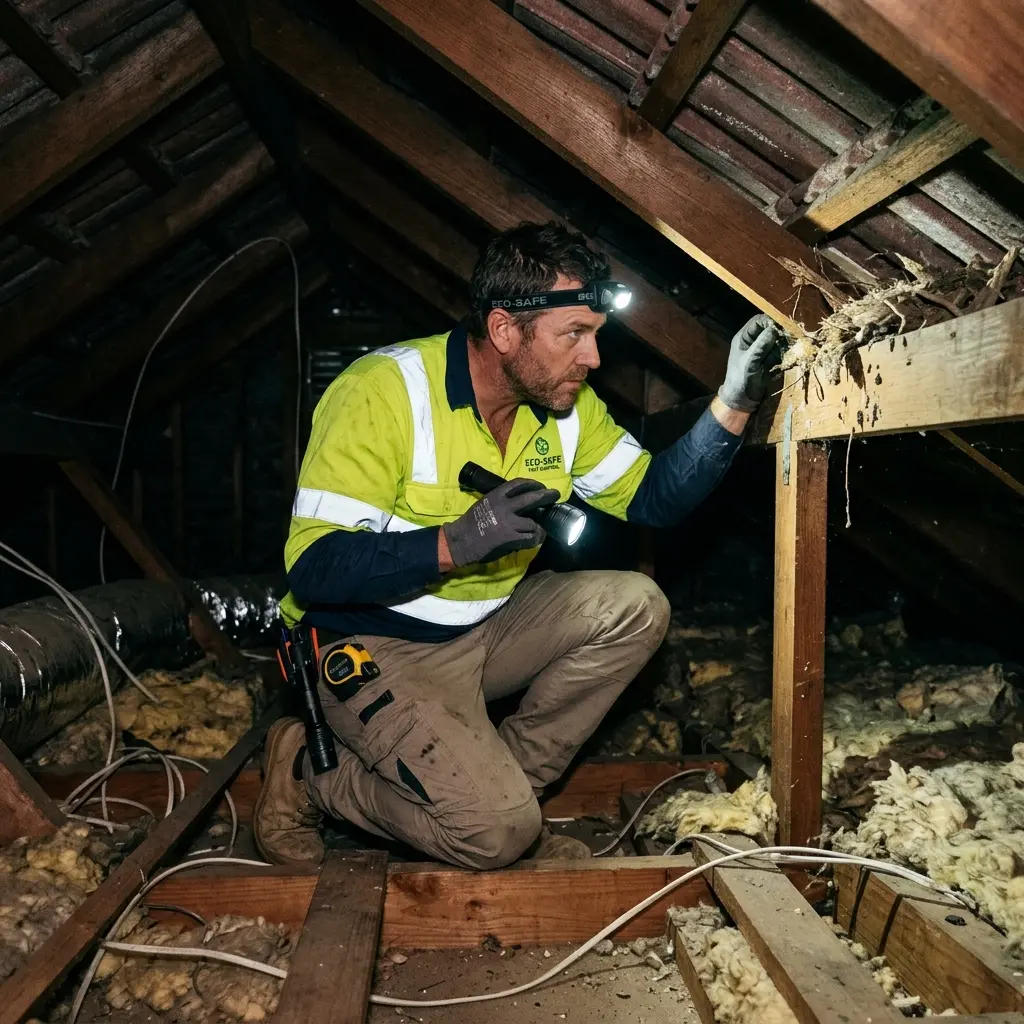 Technician inspecting a roof cavity for a dead animal in Chelsea Heights